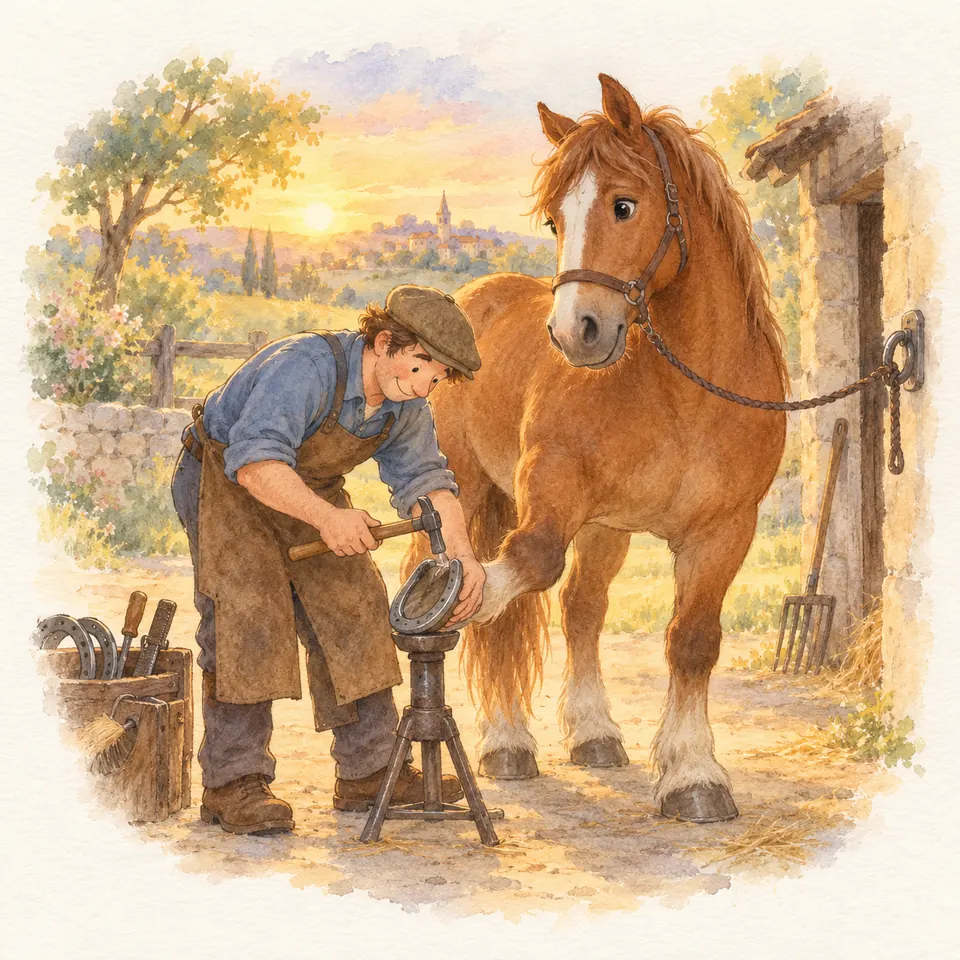 Un maréchal-ferrant utilise un brochoir sur le fer d’un cheval alezan, dont le sabot repose sur un trépied