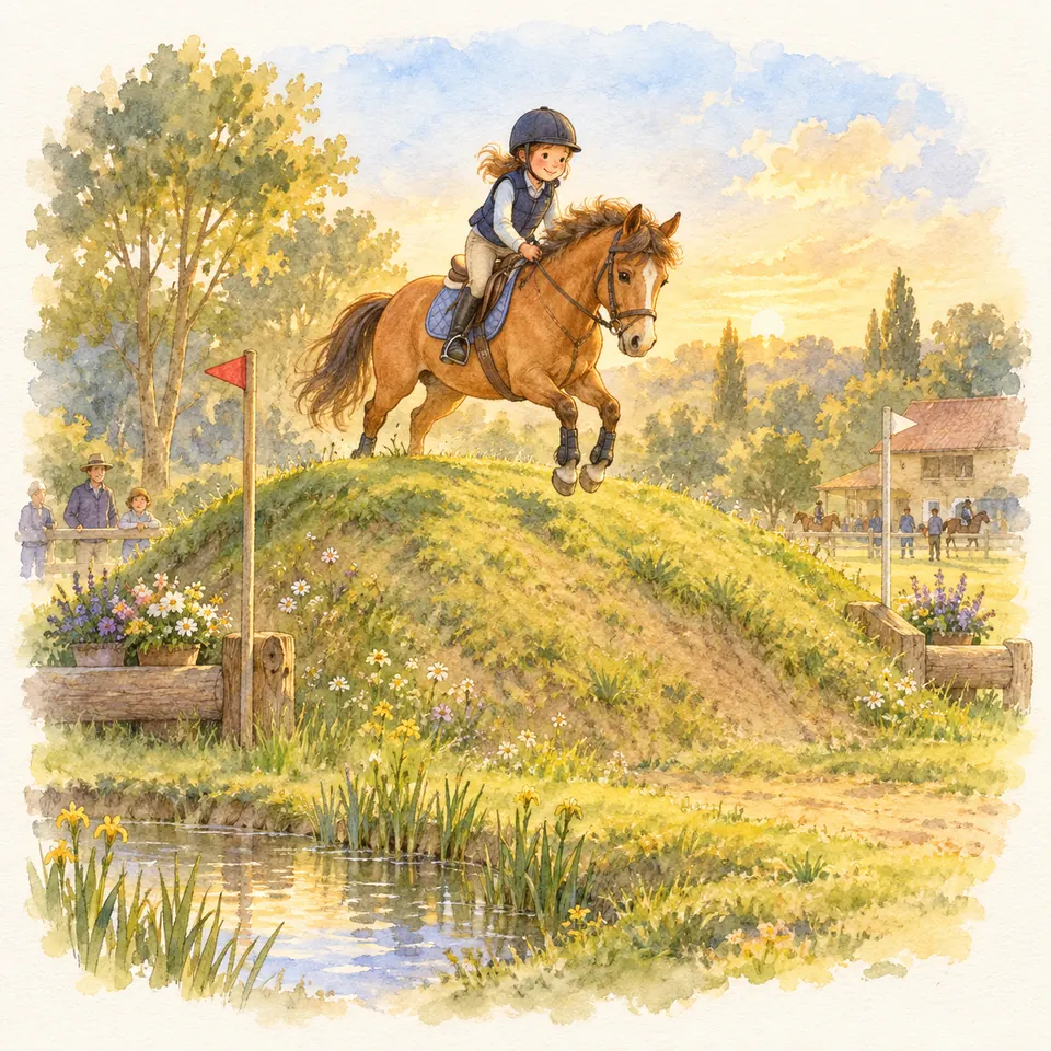 Une jeune cavalière sur un poney alezan franchit une butte enherbée entre deux fanions, devant des spectateurs