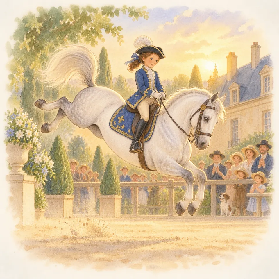 Un cheval gris monté par une cavalière en tenue bleue exécute une cabriole devant des spectateurs et un château