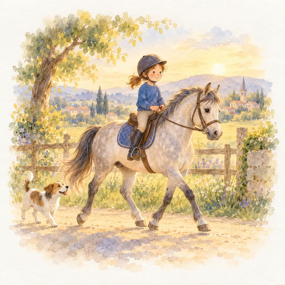 Une jeune cavalière monte un poney gris au trot sur un chemin bordé d’une clôture, accompagnée d’un petit chien