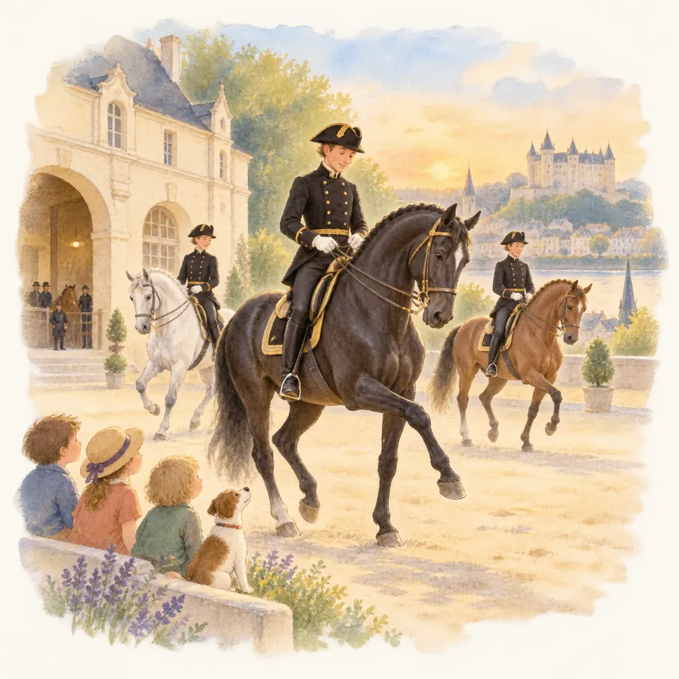 Trois cavaliers en uniforme noir montent des chevaux noir, gris et bai devant des spectateurs dans une cour
