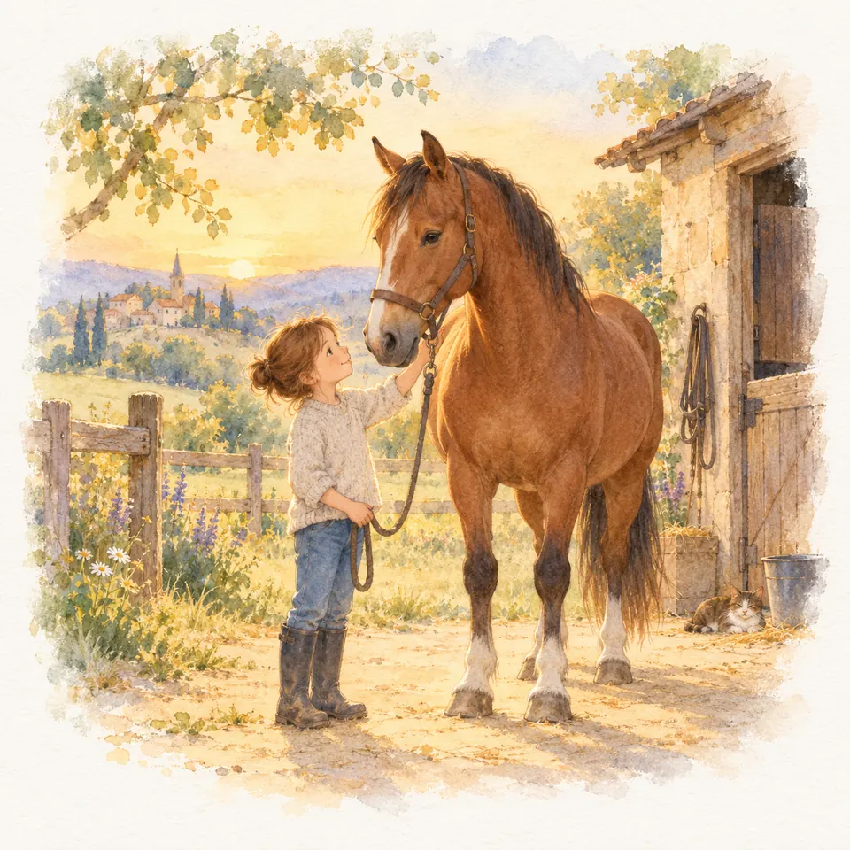 Une enfant tient la longe d’un cheval bai et lui caresse l’encolure devant une écurie