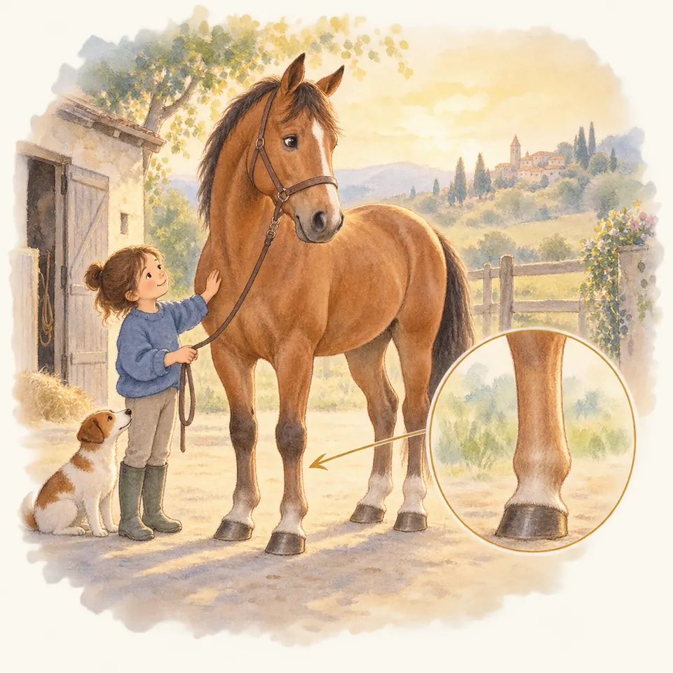 Une enfant tient un cheval bai devant une écurie, avec un détail du canon entre le genou et le boulet