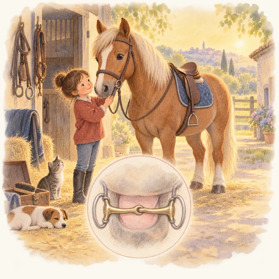 Une enfant ajuste le mors d’un poney palomino sellé devant l’écurie, avec un détail du canon articulé dans sa bouche