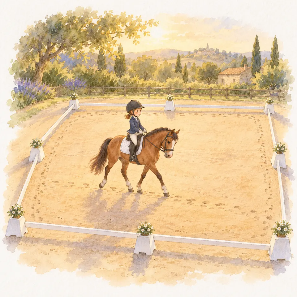 Une cavalière monte un poney bai dans un carré de dressage sablé, délimité par des lices blanches et des plots fleuris