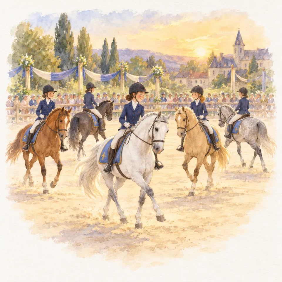 Des cavalières en veste bleue exécutent un carrousel sur des chevaux gris, bai et palomino devant des spectateurs