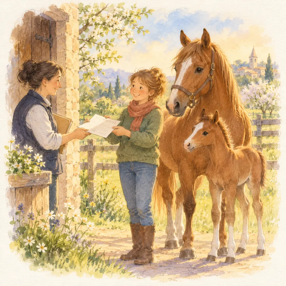 Deux femmes échangent un document devant une écurie, à côté d’un cheval alezan au licol et d’un poulain alezan
