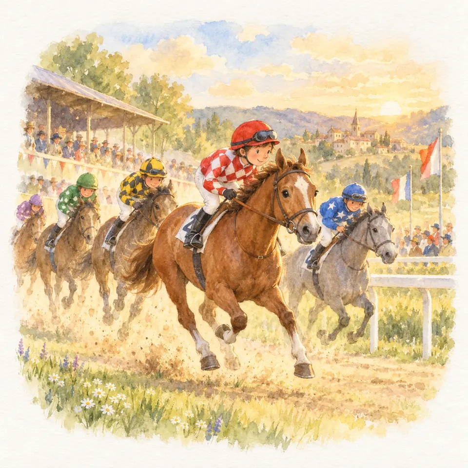 Un jockey en casaque rouge à damiers blancs galope sur un cheval alezan, devant d’autres concurrents sur une piste de course