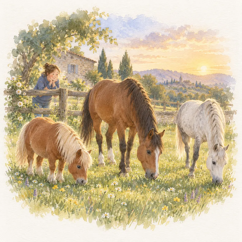 Un cheval bai, un cheval gris et un poney palomino broutent dans un pré fleuri, sous le regard d’une femme à la clôture