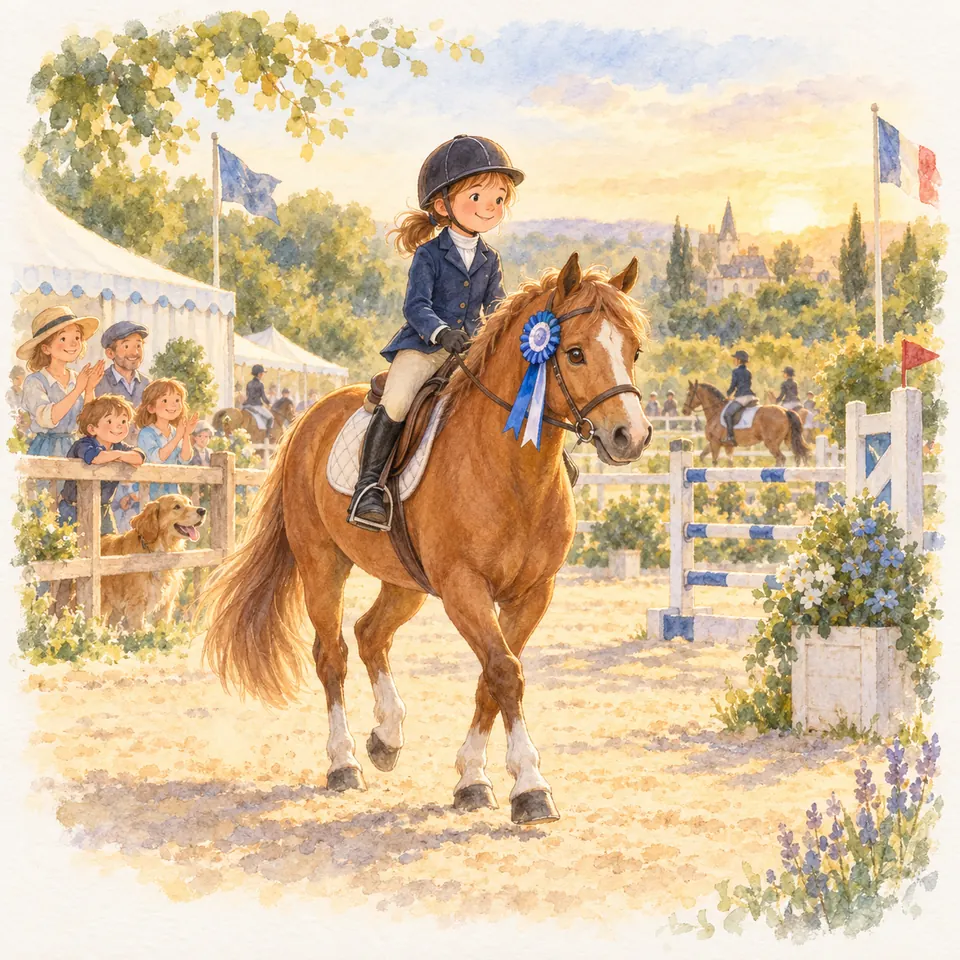 Une jeune cavalière en tenue de concours monte un poney alezan portant une cocarde bleue, près d’un obstacle