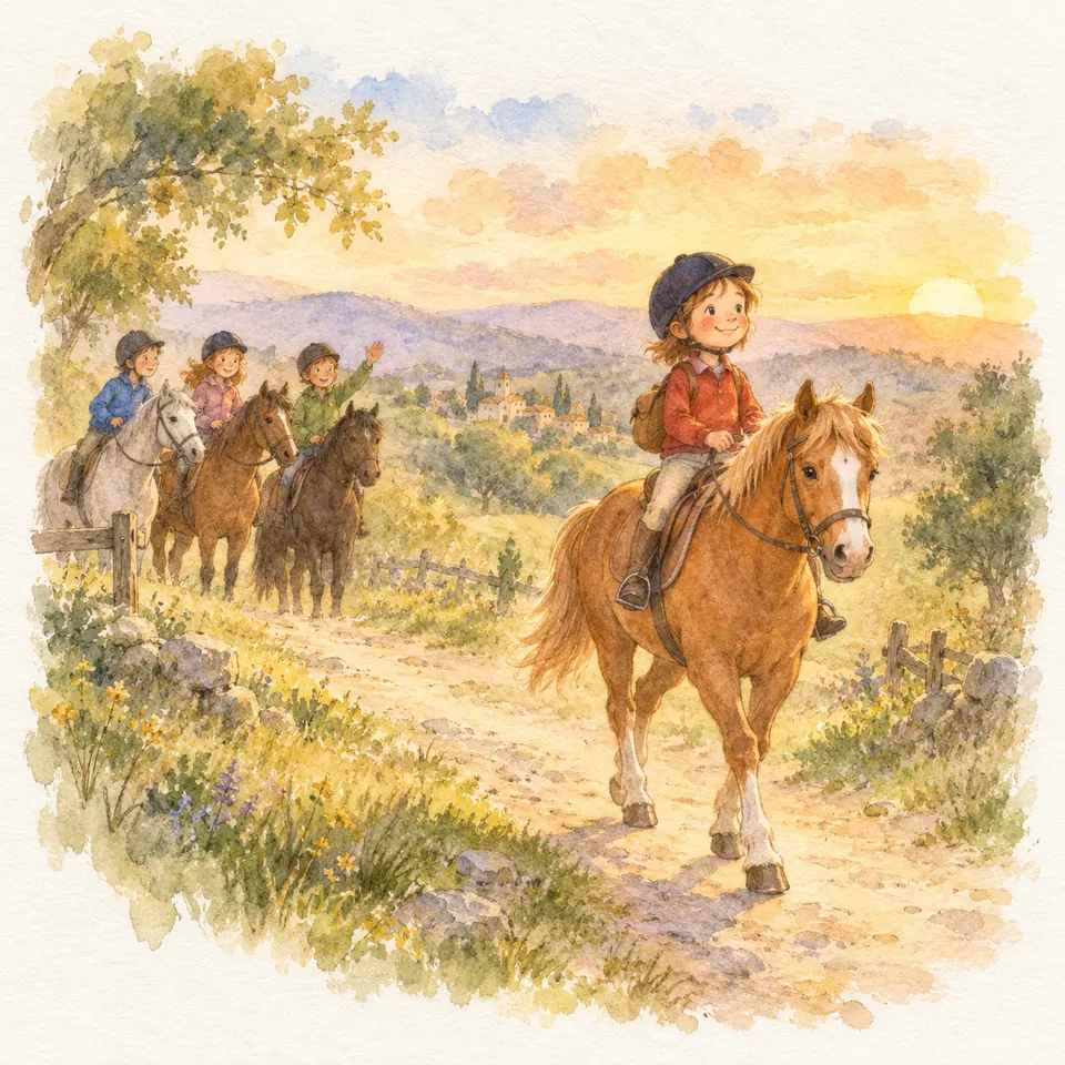 Une enfant casquée monte un poney palomino sur un chemin de campagne, devant trois autres cavaliers