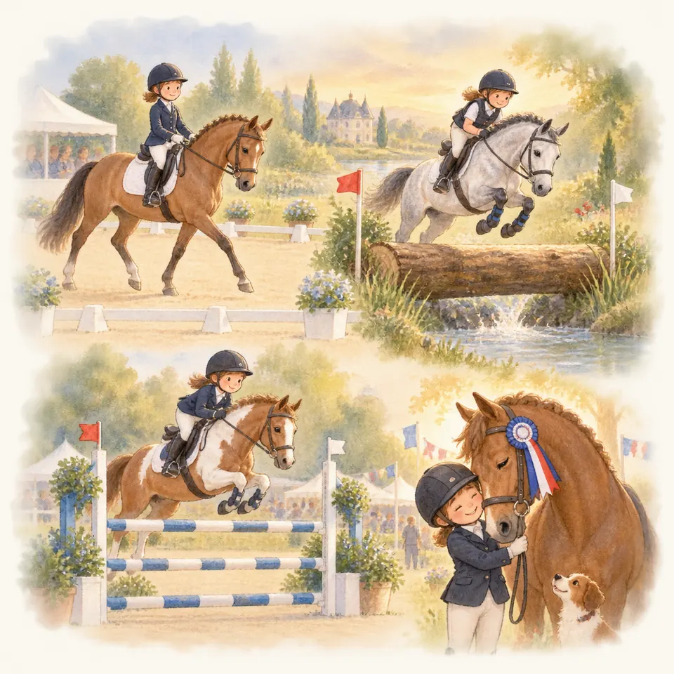 Des cavalières à cheval évoluent en dressage, sautent un tronc et des barres, puis l’une caresse un alezan portant une cocarde