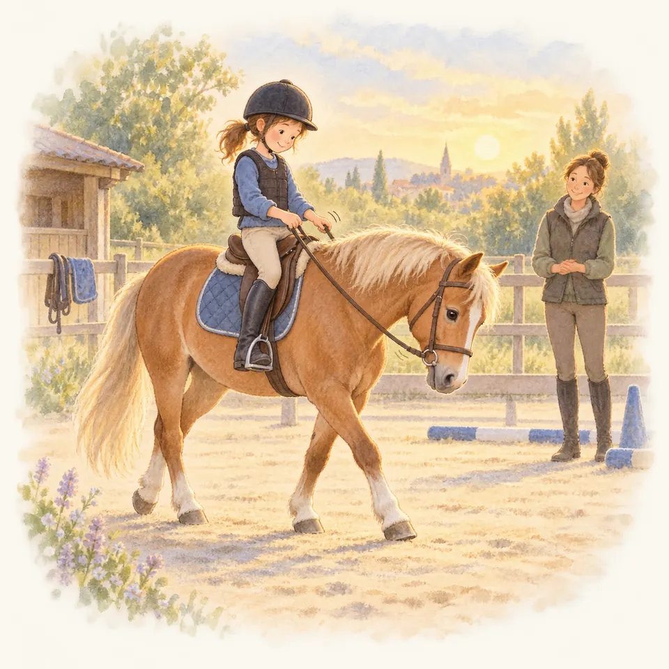 Une jeune cavalière avance les mains sur un poney palomino qui baisse l’encolure, sous le regard d’une monitrice dans la carrière