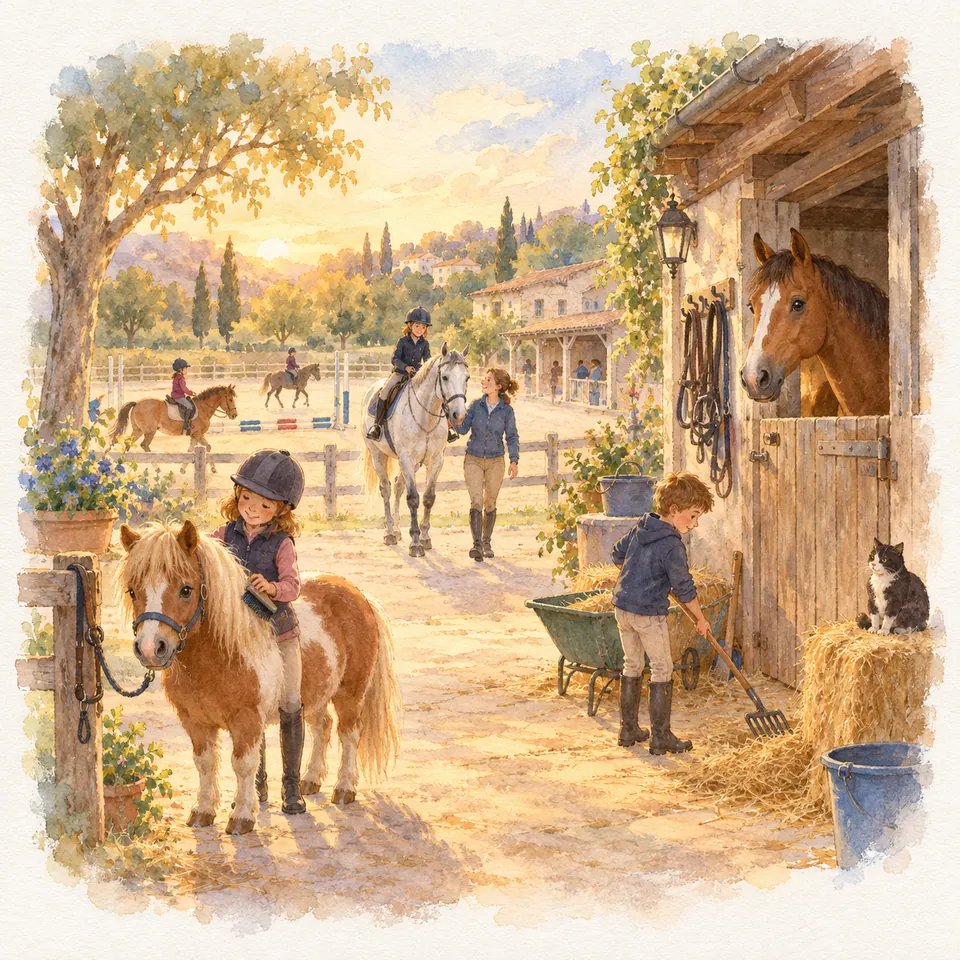 Au centre équestre, une enfant tient un poney pie près des boxes tandis que des cavaliers évoluent dans la carrière