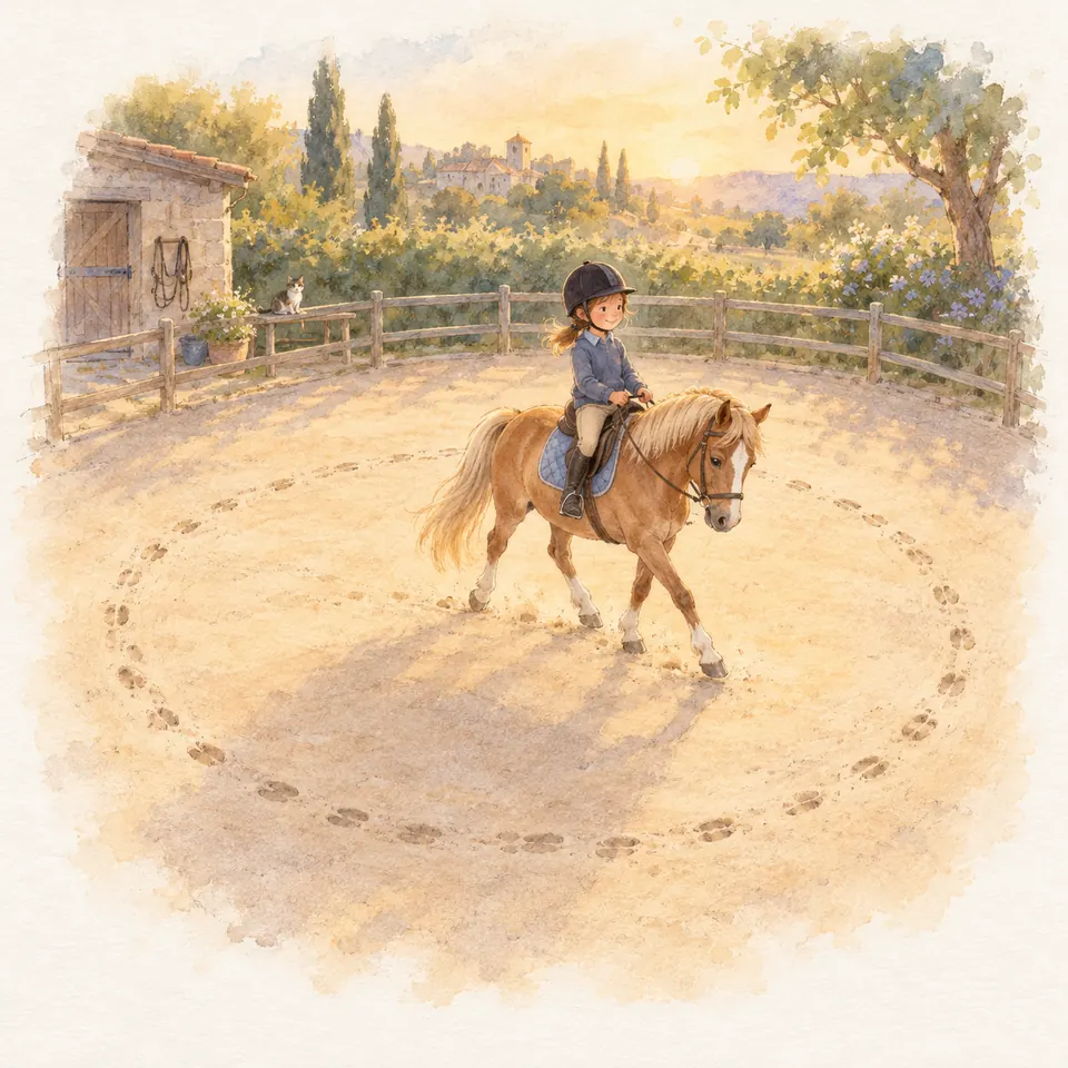 Une enfant monte un poney palomino sur un cercle marqué par des traces de sabots dans une carrière clôturée