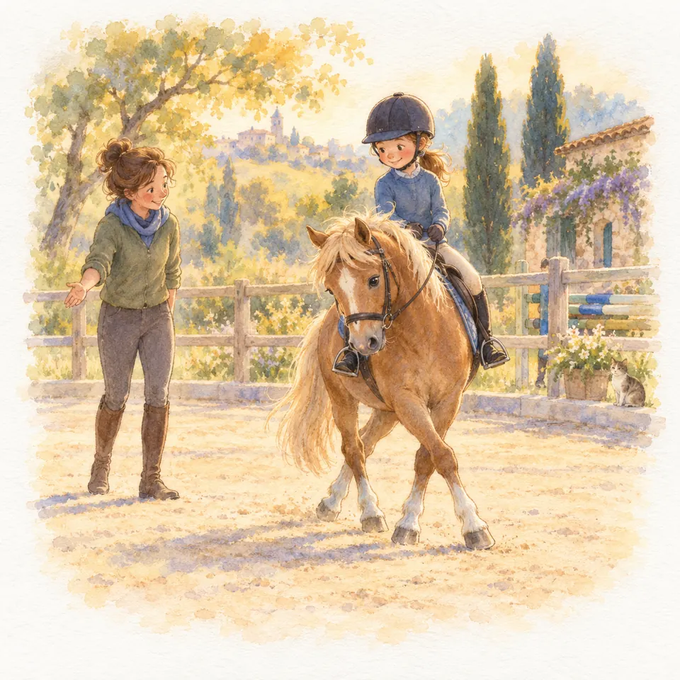Un poney palomino monté par une enfant se déplace de côté en croisant les antérieurs, près d’une monitrice dans la carrière