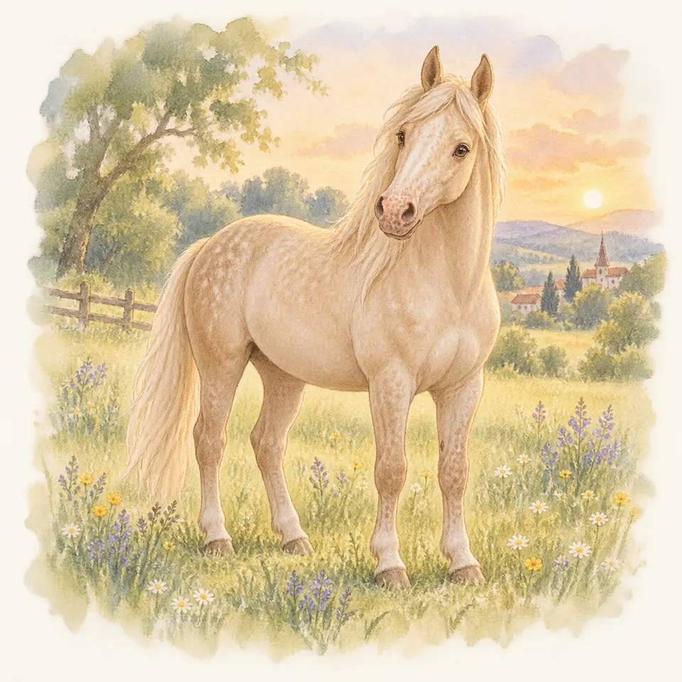 Un cheval à la robe champagne claire, aux crins blonds et au museau rose, se tient dans un pré fleuri bordé d’une clôture