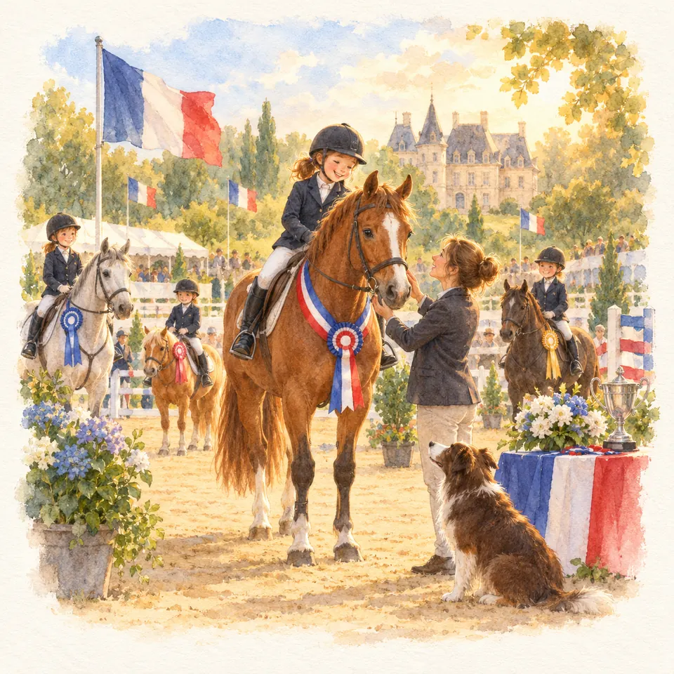 Une cavalière sur un cheval alezan portant un ruban tricolore reçoit un prix, près de coupes et de drapeaux français