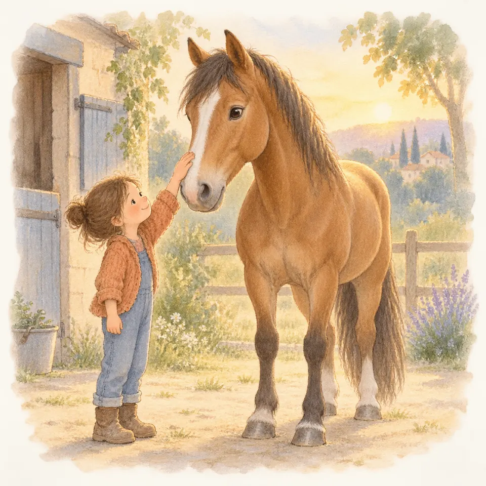 Une enfant caresse le chanfrein d’un cheval bai portant une liste blanche, devant la porte d’une écurie