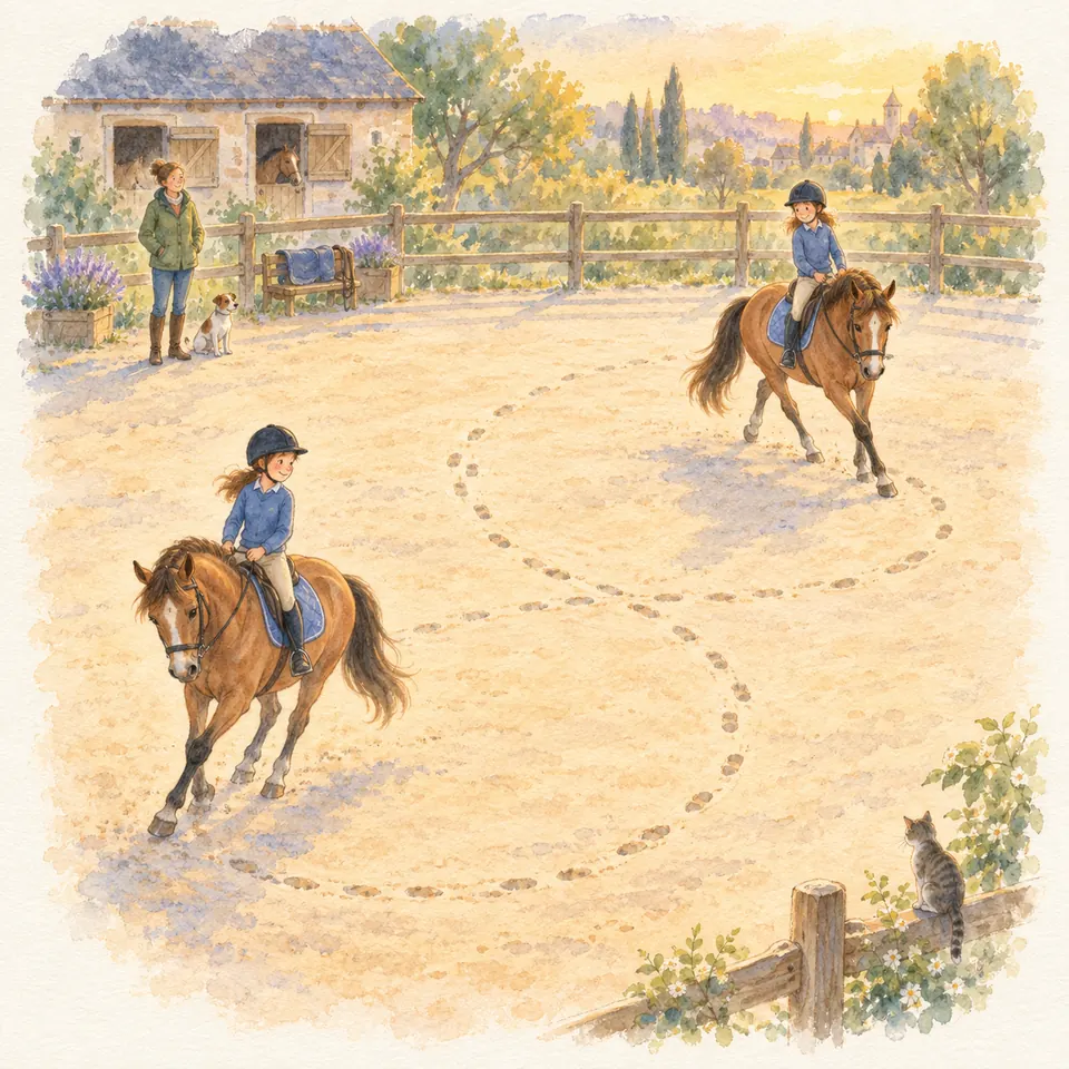 Deux cavalières sur des poneys bais suivent des courbes tracées dans le sable d’une carrière, sous le regard d’une monitrice