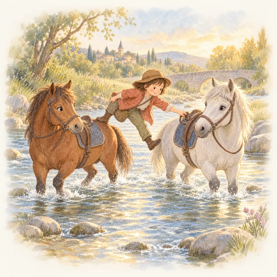 Un enfant passe d’un cheval bai à un cheval gris au milieu d’un gué, près d’un pont de pierre