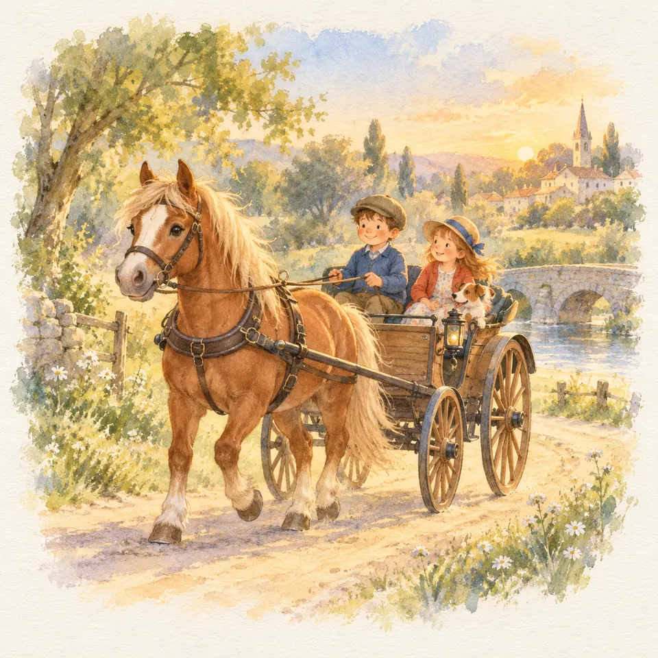Un cheval alezan attelé tire une voiture en bois avec deux enfants et un chien sur un chemin près d’une rivière