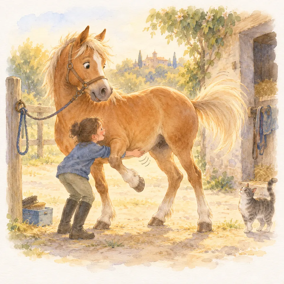 Un poney palomino attaché lève un antérieur tandis qu’une enfant le touche sous le ventre dans la cour de l’écurie