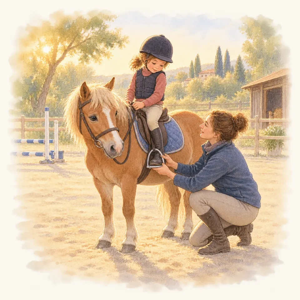 Une monitrice accroupie aide une enfant en selle sur un poney palomino à placer son pied dans l’étrier, dans une carrière