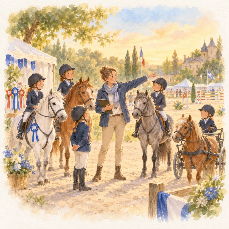 Une femme munie d’un carnet indique une direction à des enfants avec leurs poneys près d’un parcours de saut d’obstacles