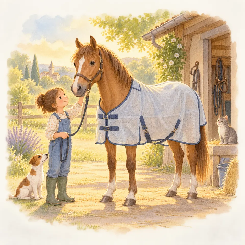 Une enfant tient en longe un cheval alezan portant une chemise blanche bordée de bleu devant la porte de l’écurie
