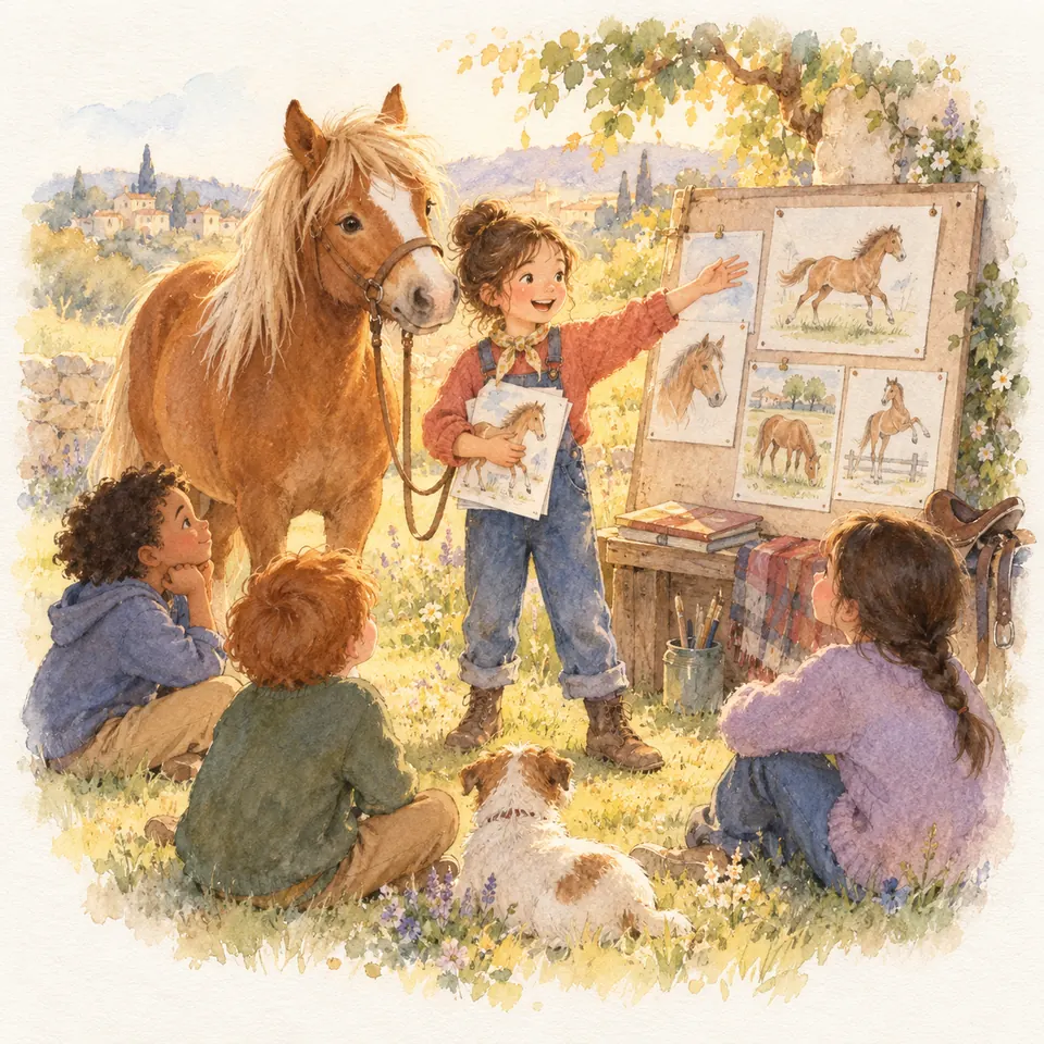 Près d’un poney palomino, une enfant montre des planches de chevaux à trois enfants assis dans l’herbe