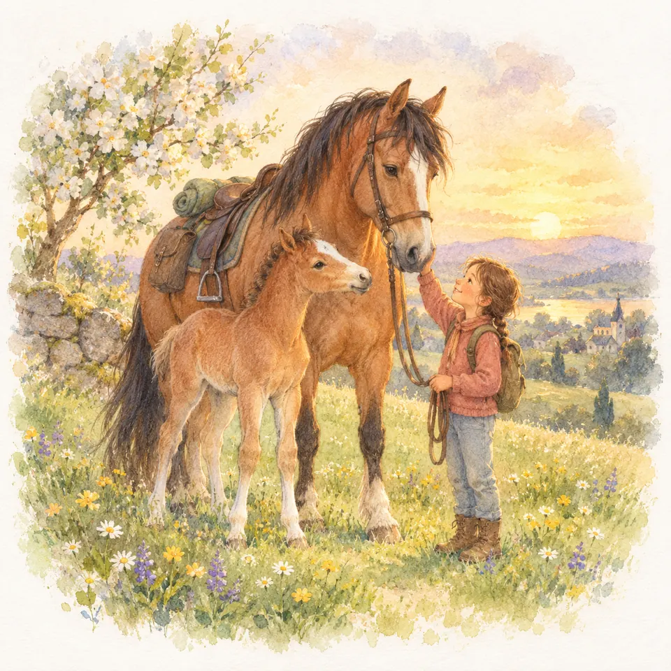 Une enfant caresse le museau d’un cheval bai sellé pour la randonnée, avec un poulain alezan à ses côtés dans un pré