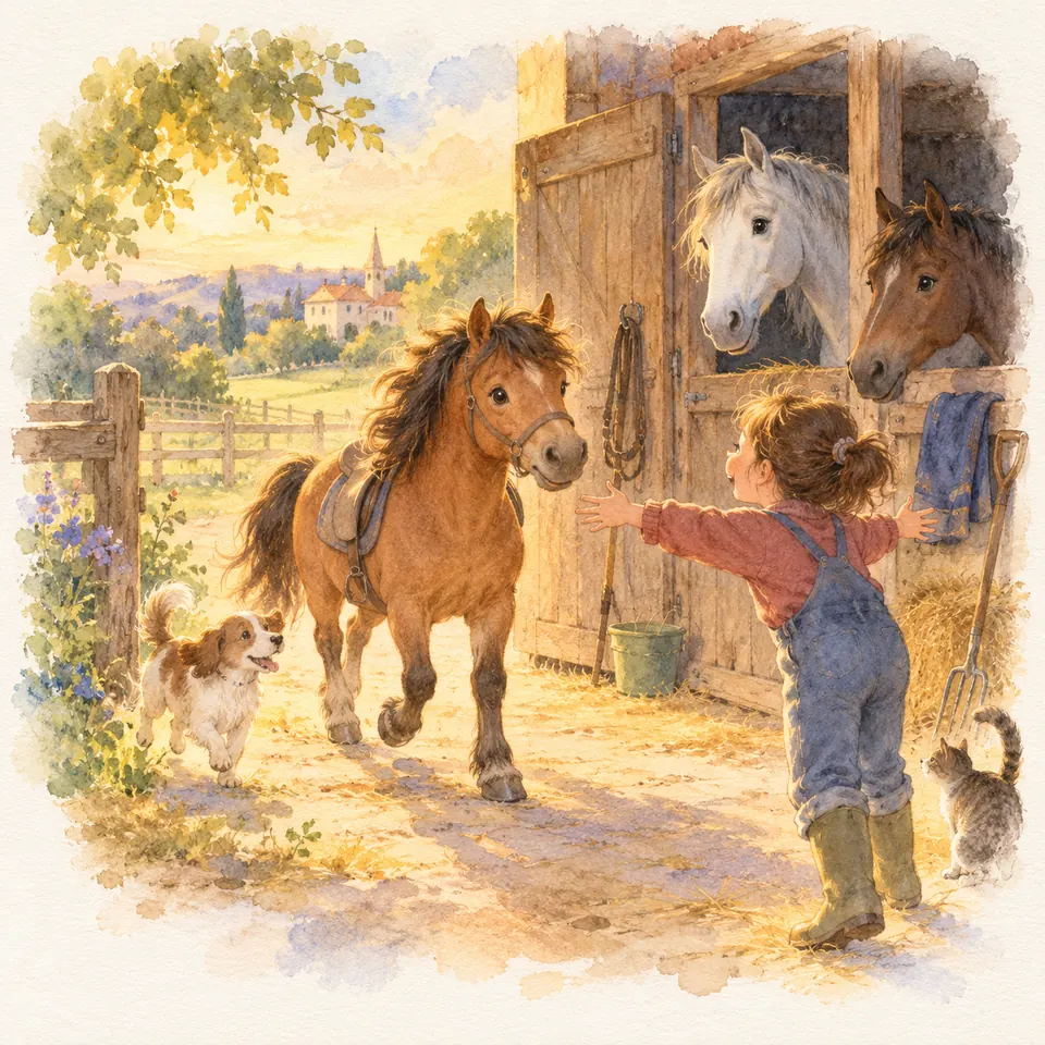 Un poney alezan sellé rejoint une enfant aux bras ouverts devant une écurie où deux chevaux passent la tête