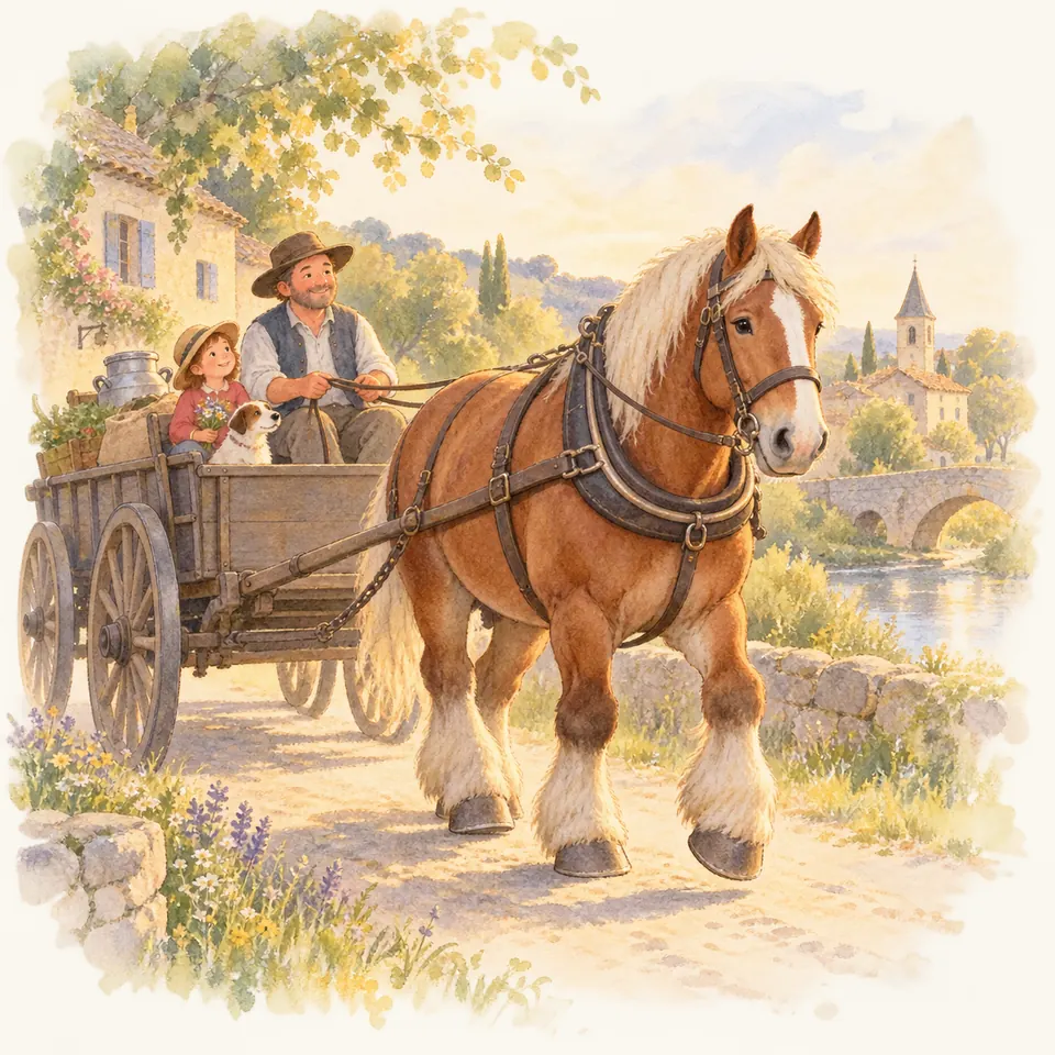 Un cheval de trait alezan aux crins clairs tire une charrette menée par un homme, avec une enfant à ses côtés