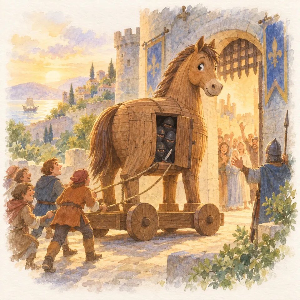 Des hommes tirent un cheval de bois sur roues vers une porte fortifiée, tandis que des soldats se cachent dans son ventre