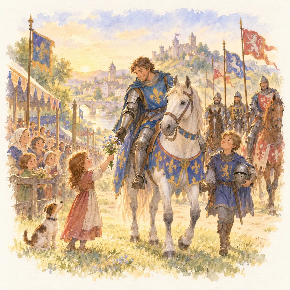 Un chevalier en armure sur un cheval gris tend la main vers les fleurs d’une fillette, suivi d’autres cavaliers