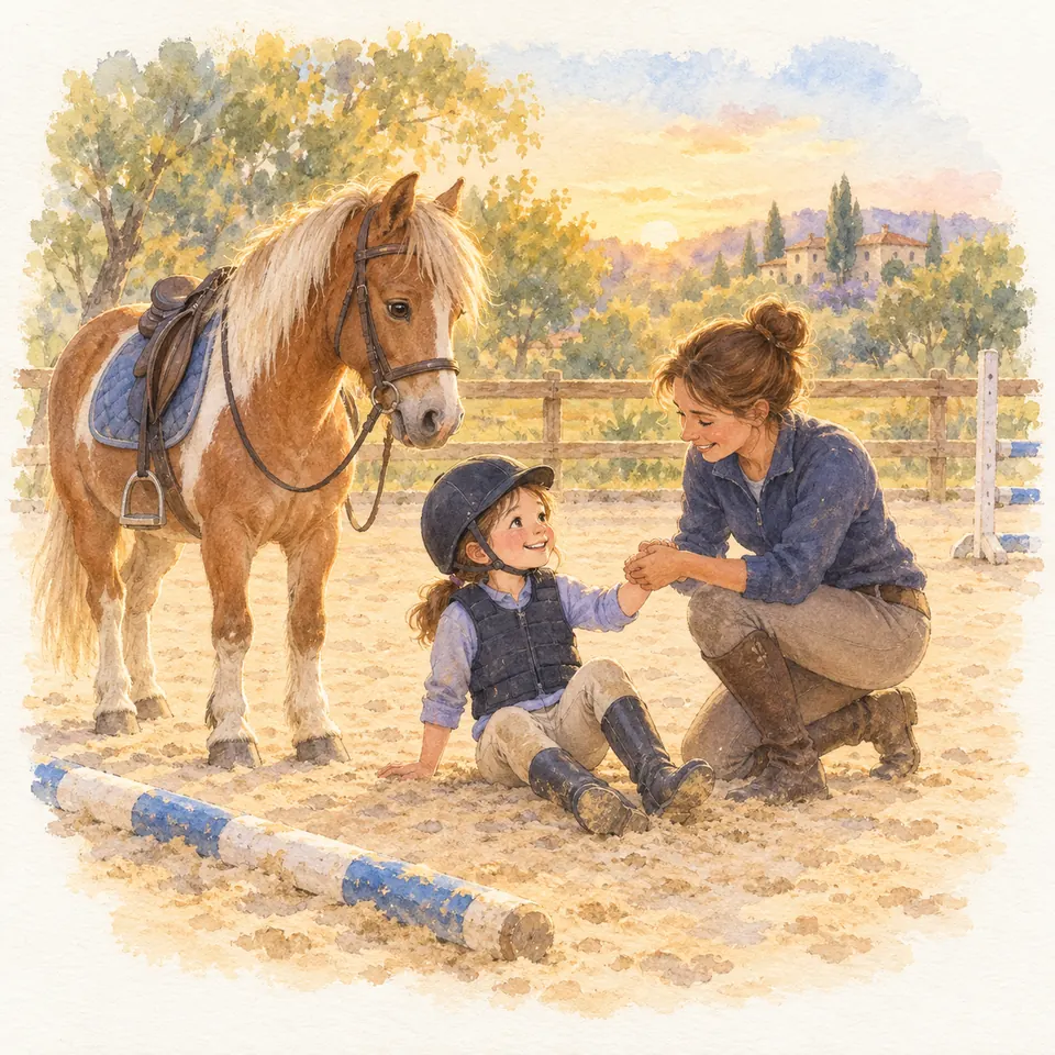 Une monitrice accroupie tient la main d’une enfant casquée assise dans le sable, près d’un poney palomino sellé
