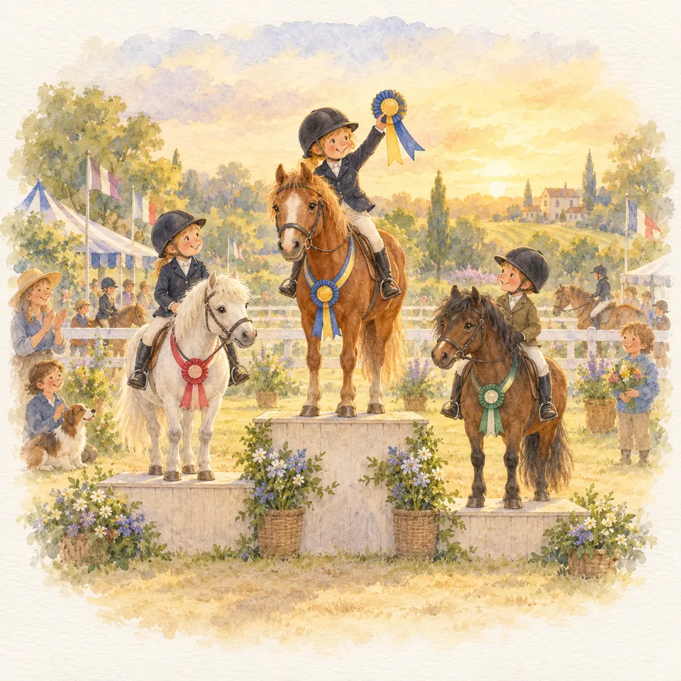 Trois enfants montés sur des poneys portent des flots sur un podium, celui du centre levant son flot bleu et jaune