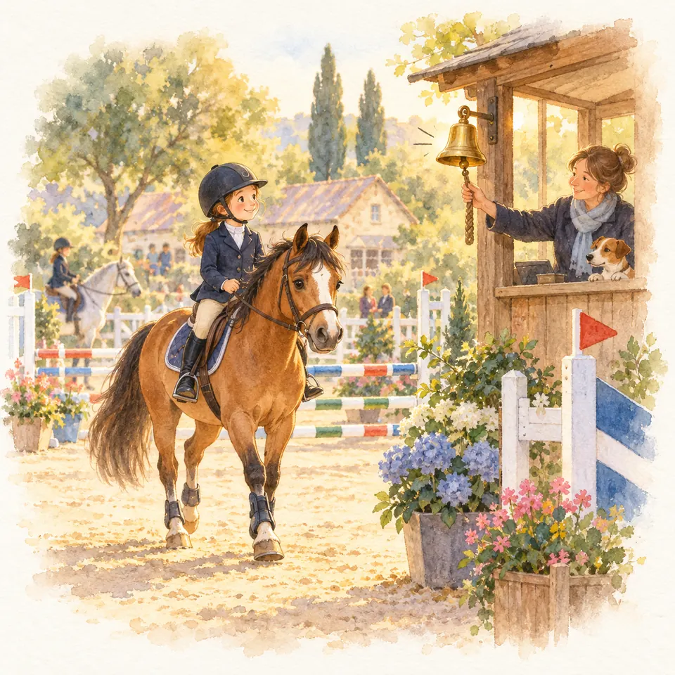 Une femme fait sonner une cloche depuis une cabine en bois tandis qu’une cavalière sur un poney alezan passe devant