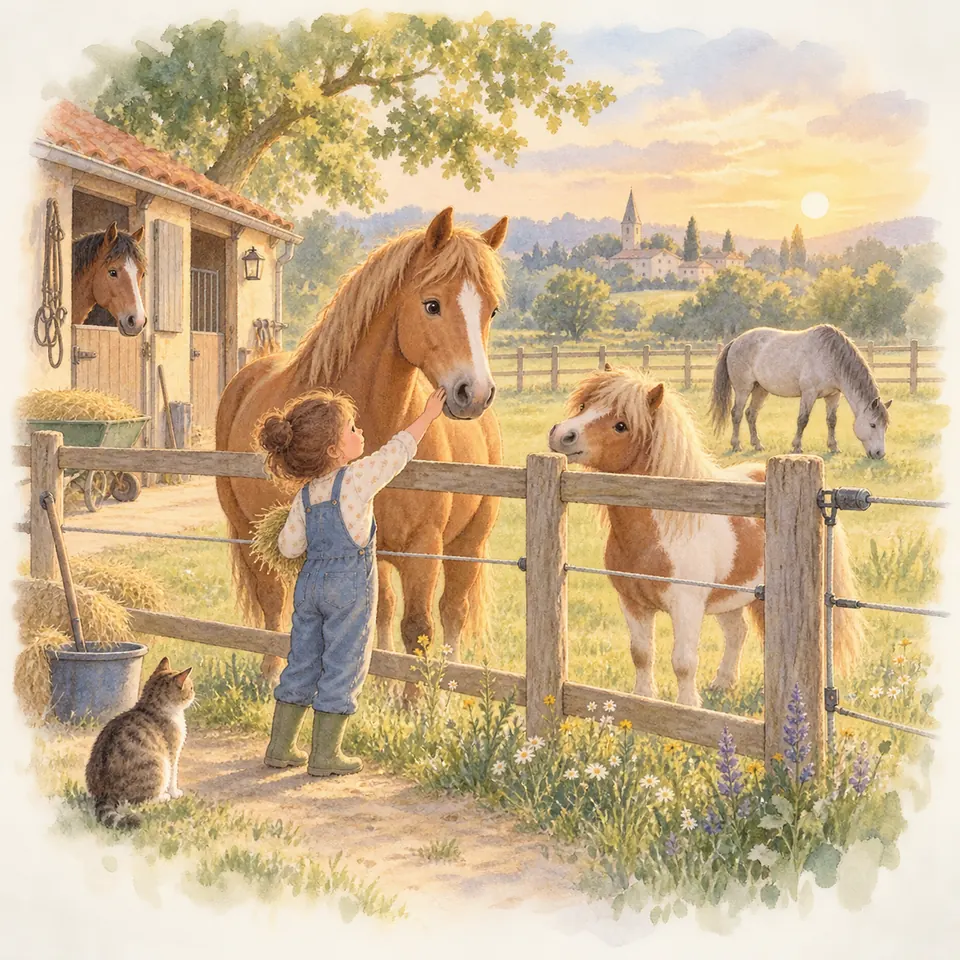 Un enfant caresse un cheval alezan par-dessus une clôture en bois, près d’un poney pie et d’un cheval gris au pré