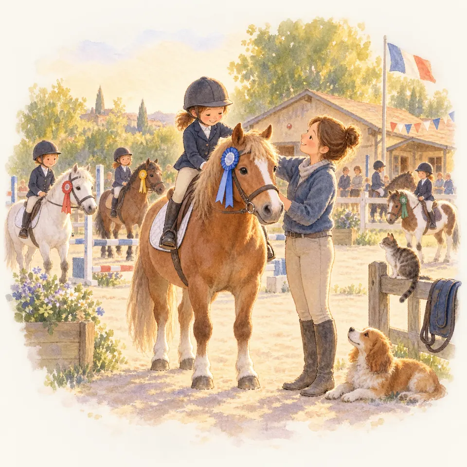 Une monitrice accompagne une enfant sur un poney alezan portant un flot bleu, parmi d’autres cavaliers au club