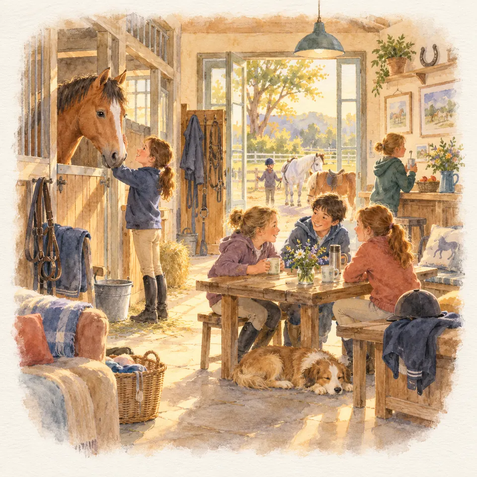 Des enfants discutent autour d’une table au club-house tandis qu’une cavalière caresse un cheval bai à la porte de son box
