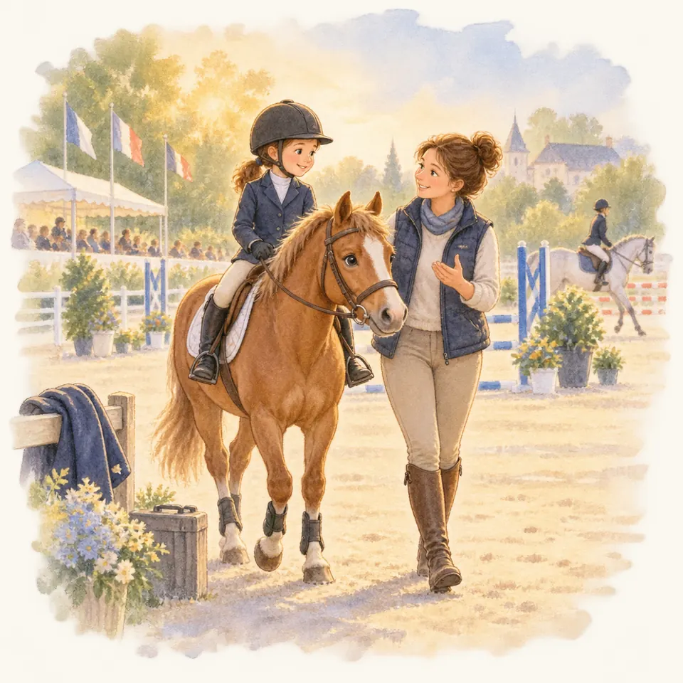Une monitrice marche près d’une enfant à poney alezan et lui parle dans une carrière équipée d’obstacles