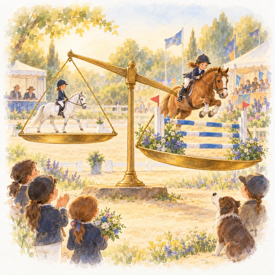 Une balance porte un poney gris monté et un poney alezan sautant un obstacle, devant des enfants et un chien