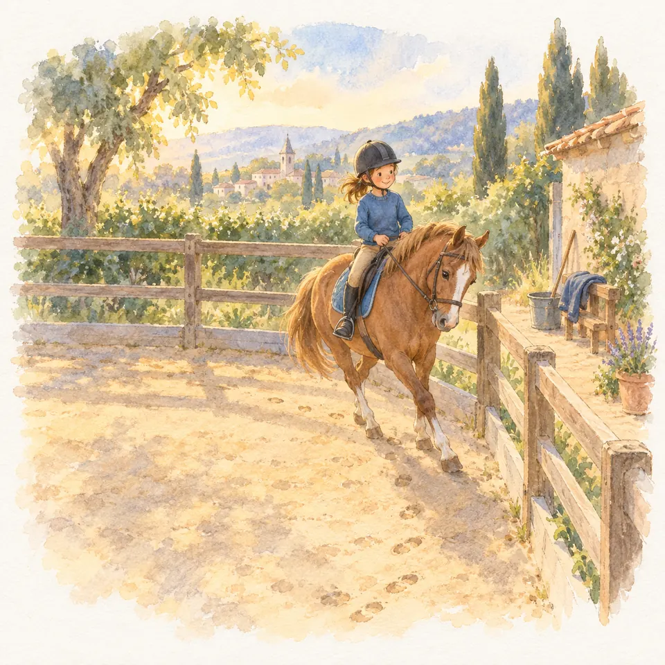 Une enfant casquée monte un poney alezan qui négocie un coin de la carrière le long des barrières en bois