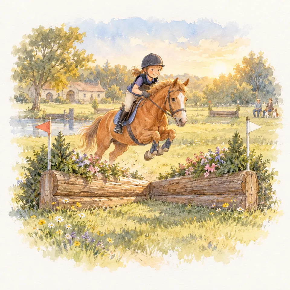 Une jeune cavalière sur un poney alezan franchit un obstacle de cross en bois, entre un fanion rouge et un blanc