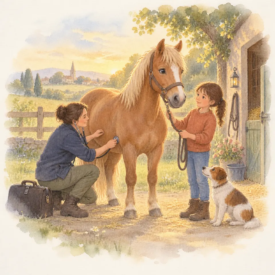 Une vétérinaire pose un stéthoscope sur le flanc d’un poney alezan tenu par une enfant devant l’écurie