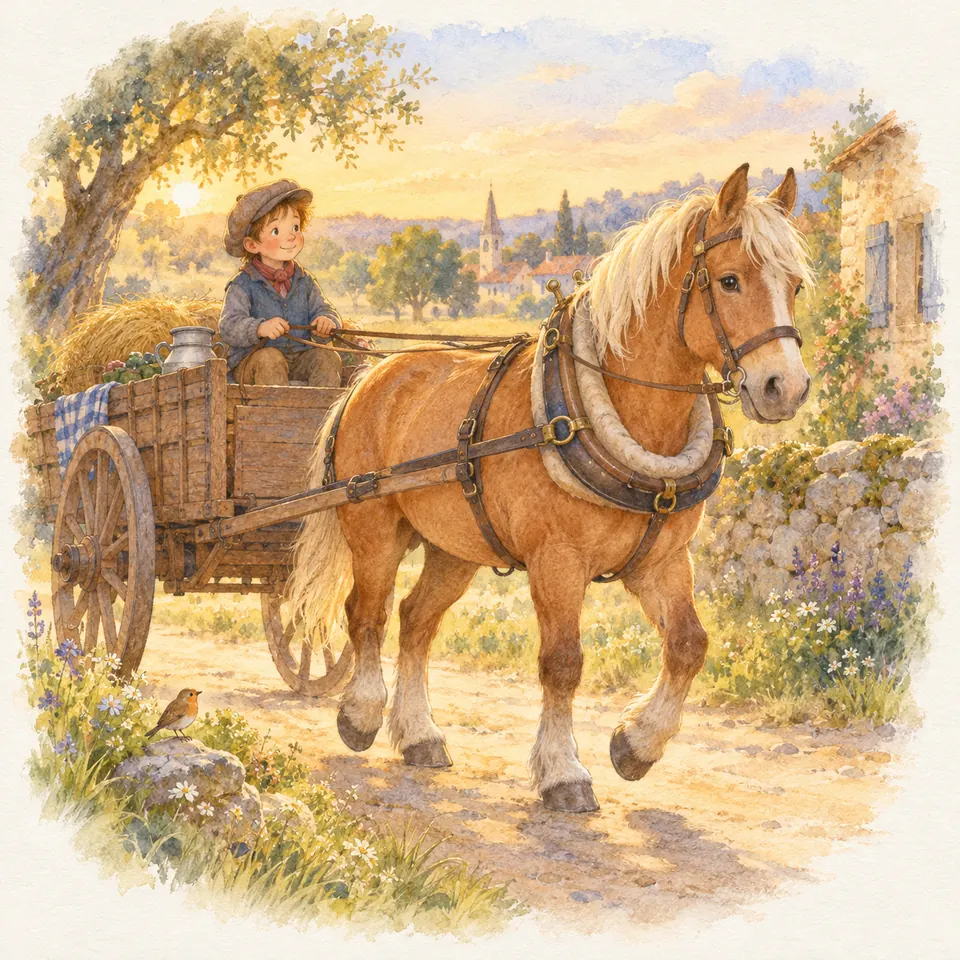 Un poney alezan aux crins lavés, muni d’un collier d’attelage, tire une charrette conduite par un enfant