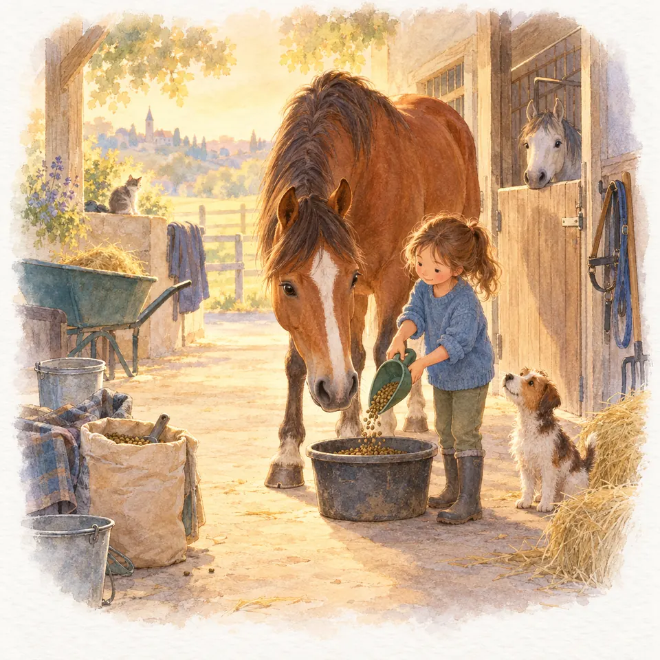 Une enfant verse des granulés avec une pelle verte dans un seau devant un cheval bai, à l’entrée de l’écurie