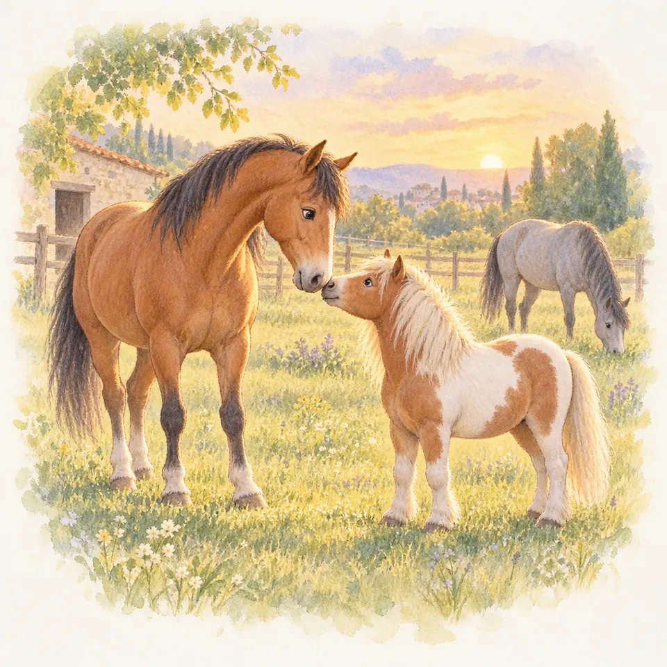 Un cheval bai et un poney pie alezan se touchent le bout du nez au pré, tandis qu’un cheval gris broute derrière eux